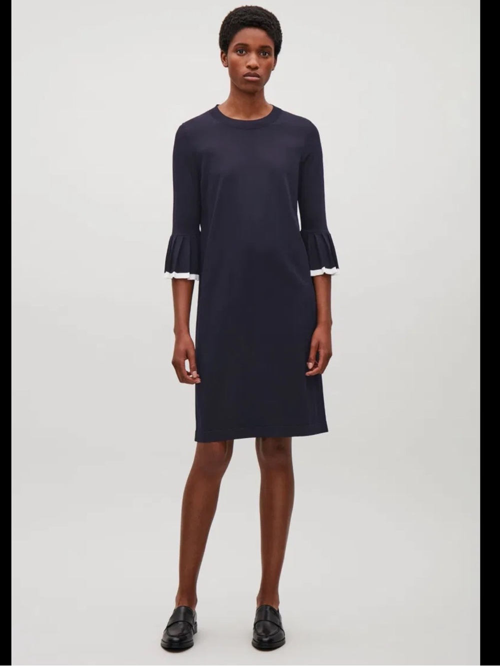 COS Pleated Sleeves Knit Navy White Trim Dress - Size M
